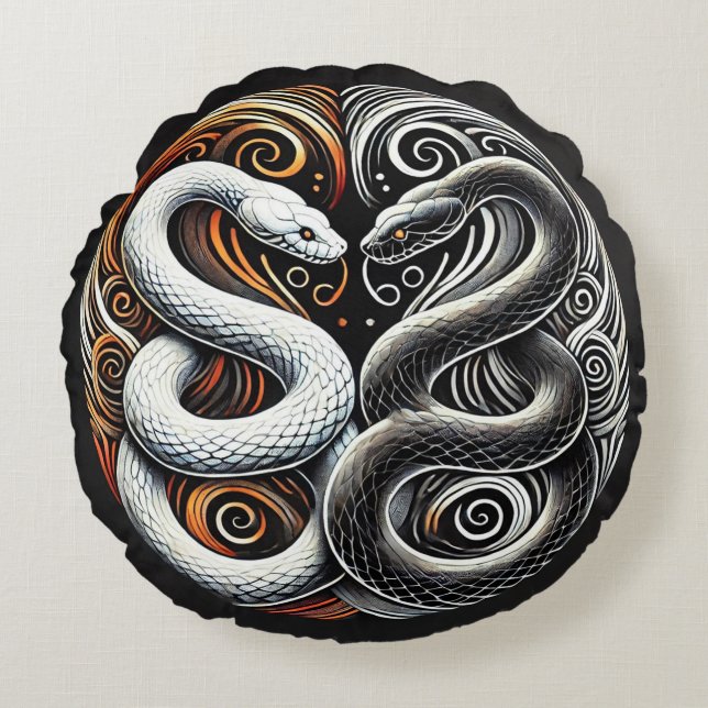 Yin Yang-ontwerp met twee slangen Rond Kussen (Voorkant)