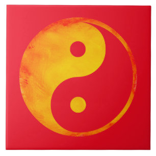 Yin Yang Oranje en Gele Waterverf op de Rode Zee Tegeltje