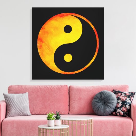 Yin Yang Oranje en gele Waterverf op zwart Canvas Afdruk (Insitu (Woonkamer))