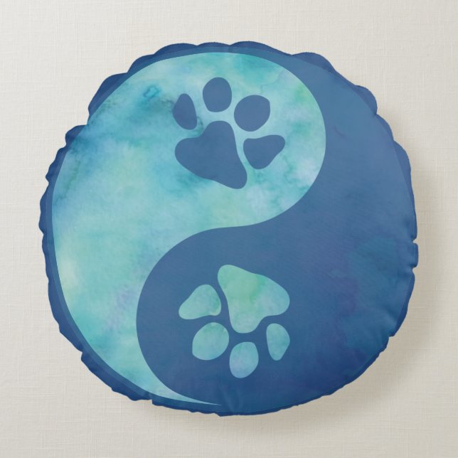 Yin Yang Paw Blue Rond Kussen (Voorkant)