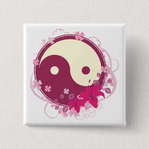 Yin Yang Pink Floral Vierkante Button 5,1 Cm