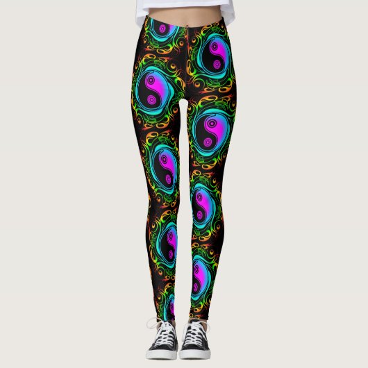 Yin Yang Psychedelic Rainbow-Tattoo Leggings (Voorkant)