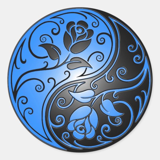 Yin Yang Rozen, blauw en zwart Ronde Sticker (Voorkant)
