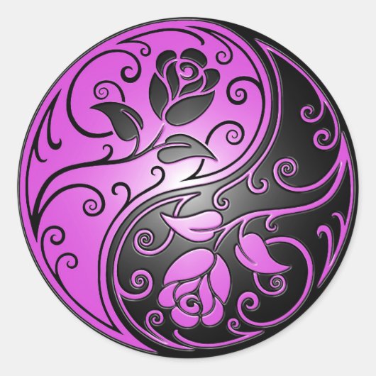 Yin Yang Rozen, paarse en zwarte Ronde Sticker (Voorkant)