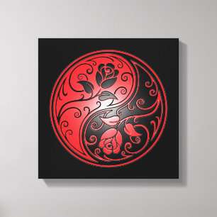 Yin Yang Rozen, rood en zwart Canvas Afdruk