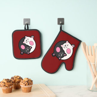 Yin Yang Slapende Katten In Zwart En Wit Ovenwant & Pannenlap Set