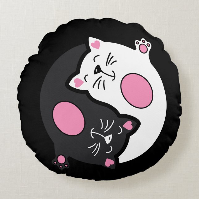 Yin Yang Slapende Katten In Zwart En Wit  Rond Kussen (Voorkant)