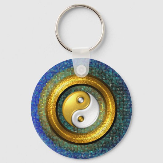 Yin-Yang Sleutelhanger, Golden Ring en Blauwe moza Sleutelhanger (Voorkant)