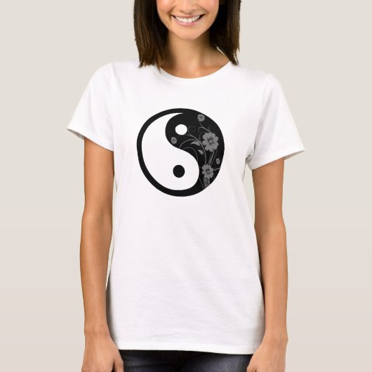Yin Yang Symbol Black Floral T-shirt (Voorkant)
