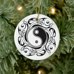 Yin & Yang Symbool Zwart en Wit Tattoo Stijl Keramisch Ornament