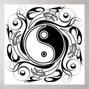 Yin & Yang Symbool Zwart en Wit Tattoo Stijl Poster
