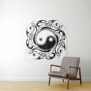 Yin & Yang Symbool Zwart en Wit Tattoo Stijl Wandkleed
