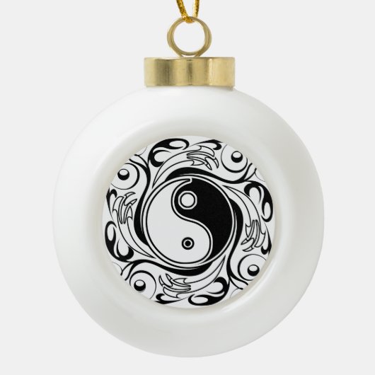 Yin & Yang Symbool Zwart-wit Tattoo Stijl Keramische Bal Ornament (Voorkant)