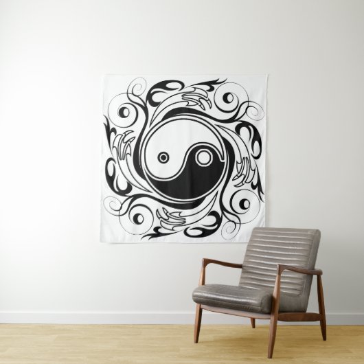 Yin & Yang Symbool Zwart-wit Tattoo Stijl Wandkleed (In Situ (horizontaal))
