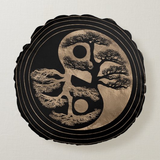 Yin Yang Tree Black en Gold Rond Kussen (Voorkant)