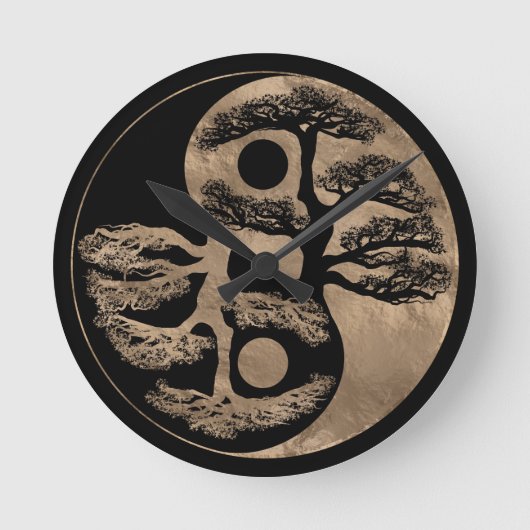 Yin Yang Tree Black en Gold Ronde Klok (Voorkant)