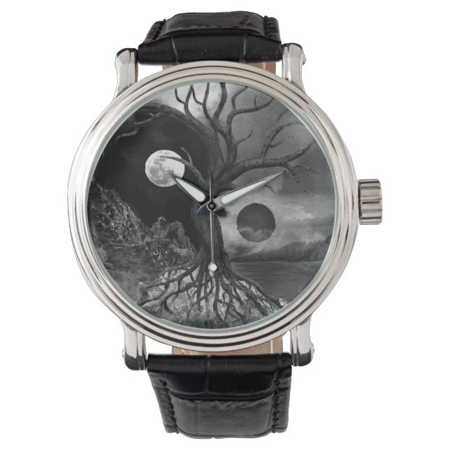 Yin Yang Tree Landscape Black and White Horloge (Voorkant)
