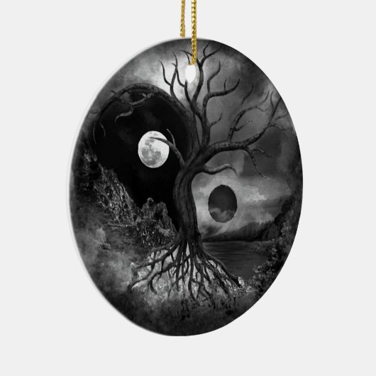 Yin Yang Tree Landscape Black and White Keramisch Ornament (Rechts)