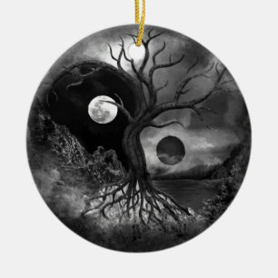 Yin Yang Tree Landscape Black and White Keramisch Ornament