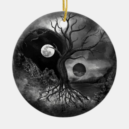 Yin Yang Tree Landscape Black and White Keramisch Ornament (Voorkant)