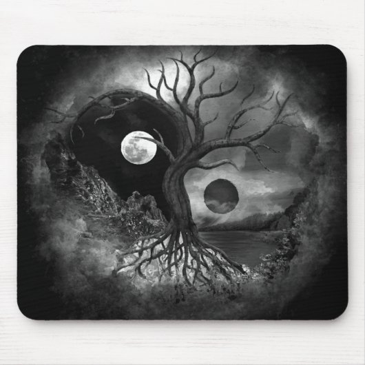 Yin Yang Tree Landscape Black and White Muismat (Voorkant)
