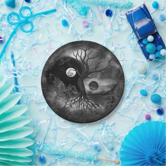 Yin Yang Tree Landscape Black and White Papieren Bordje (Feest)