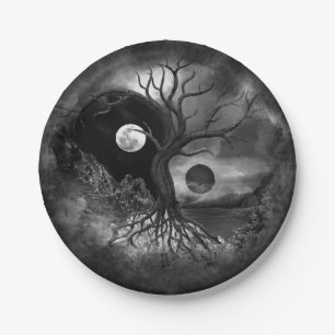 Yin Yang Tree Landscape Black and White Papieren Bordje