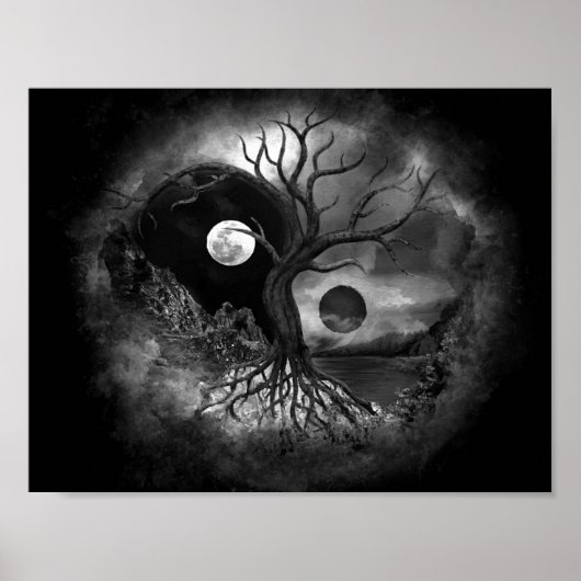 Yin Yang Tree Landscape Black and White Poster (Voorkant)