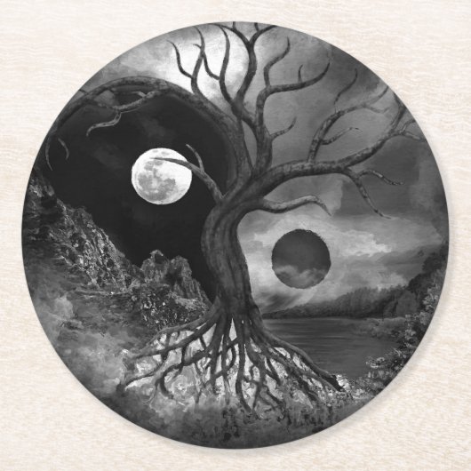 Yin Yang Tree Landscape Black and White Ronde Kartonnen Onderzetter (Voorkant)