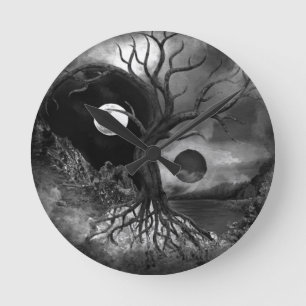 Yin Yang Tree Landscape Black and White Ronde Klok