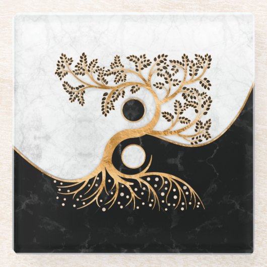 Yin Yang Tree - Marbles en Gold Glazen Onderzetter (Voorkant)