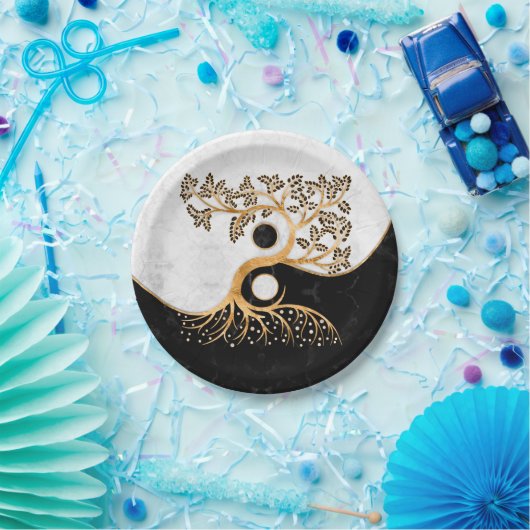 Yin Yang Tree - Marbles en Gold Papieren Bordje (Feest)
