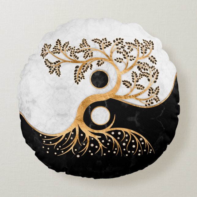 Yin Yang Tree - Marbles en Gold Rond Kussen (Voorkant)