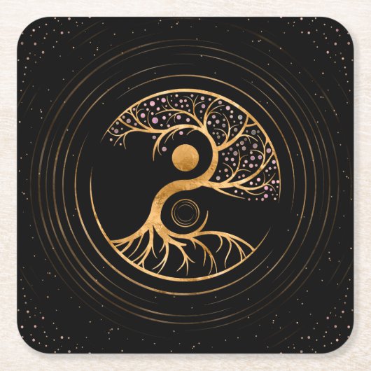 Yin Yang Tree of life - Fluoriet en Gold Kartonnen Onderzetters (Voorkant)