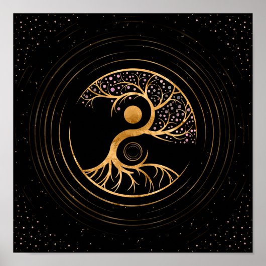 Yin Yang Tree of life - Fluoriet en Gold Poster (Voorkant)