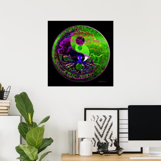 Yin Yang Tree of Life in Paars en groen Poster (Thuiskantoor)