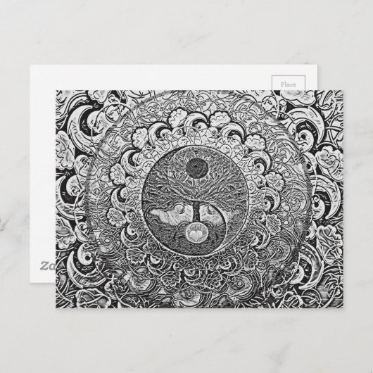 Yin Yang Tree of Life in Silver en Chrome Briefkaart (Voorkant / Achterkant)