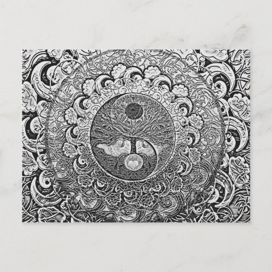 Yin Yang Tree of Life in Silver en Chrome Briefkaart (Voorkant)