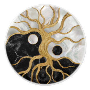 Yin Yang Tree of life - Marbles and Gold Keramische Knop