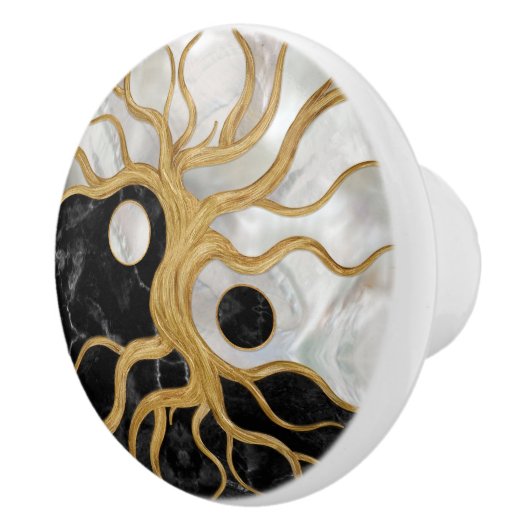 Yin Yang Tree of life - Marbles and Gold Keramische Knop (Rechts)