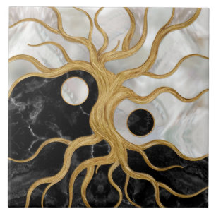 Yin Yang Tree of life - Marbles and Gold Tegeltje