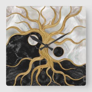 Yin Yang Tree of life - Marbles and Gold Vierkante Klok