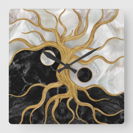 Yin Yang Tree of life - Marbles and Gold Vierkante Klok (Voorkant)