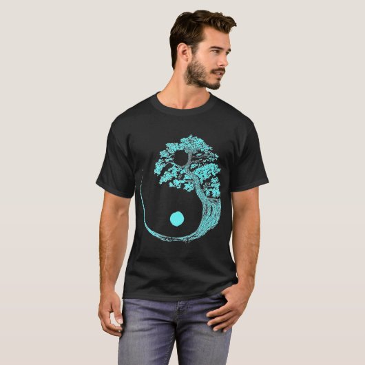 Yin Yang Turquoise Blue Bonsai Tree Japanse Zen T-shirt (Voorkant volledig)