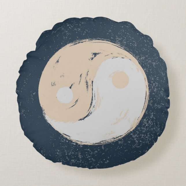 Yin Yang Zwart en Tan Rond Kussen (Voorkant)
