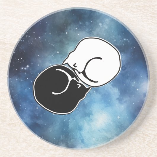 Yin Yang Zwart-wit Katten Kittens opgerold Zandsteen Onderzetter (Voorkant)