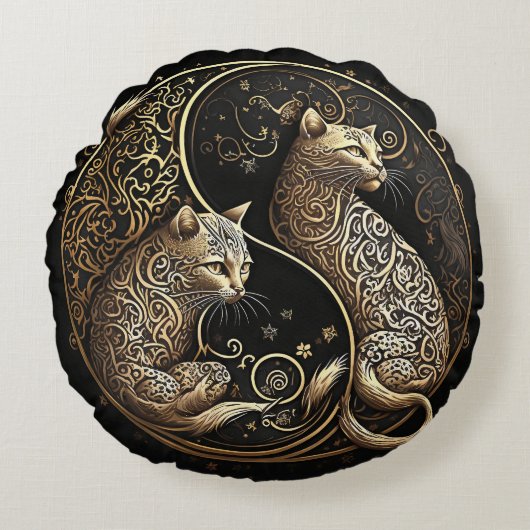 Ying and Yang Cats gold Rond Kussen (Voorkant)