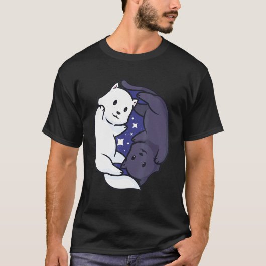 Ying Yang Cat Black and White Cute T-shirt (Voorkant)