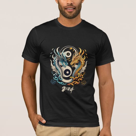 Ying yang draak hoofden 2024 t-shirt (Voorkant)
