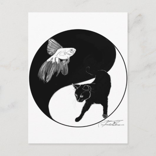 YinYang Fish and Cat - Zwart en wit Briefkaart (Voorkant)